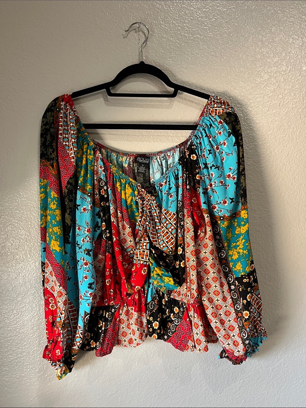Rouge Helium Multicolor Stitch-Trim Top Balloon Sleeves Sz 3X Boho TC0217